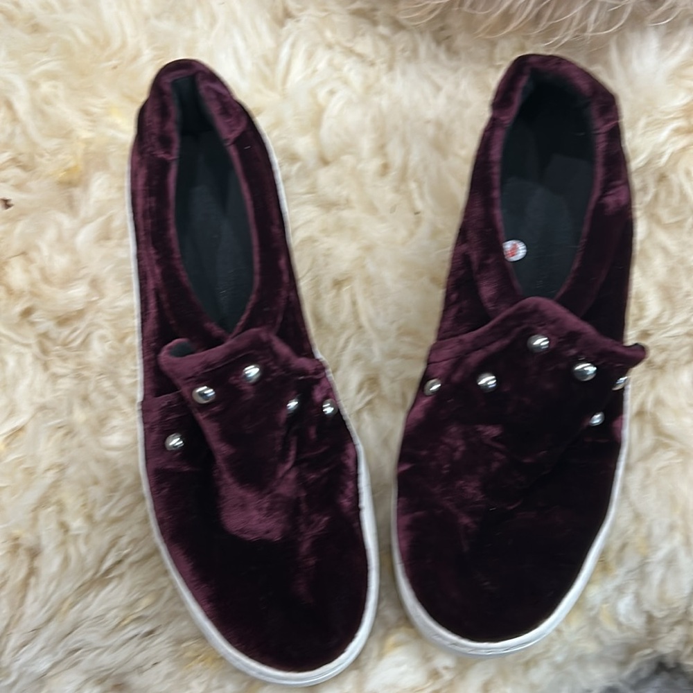 NOELLE Rebecca Minkoff Maroon Velvet Studded Slip On Platform Sneaker